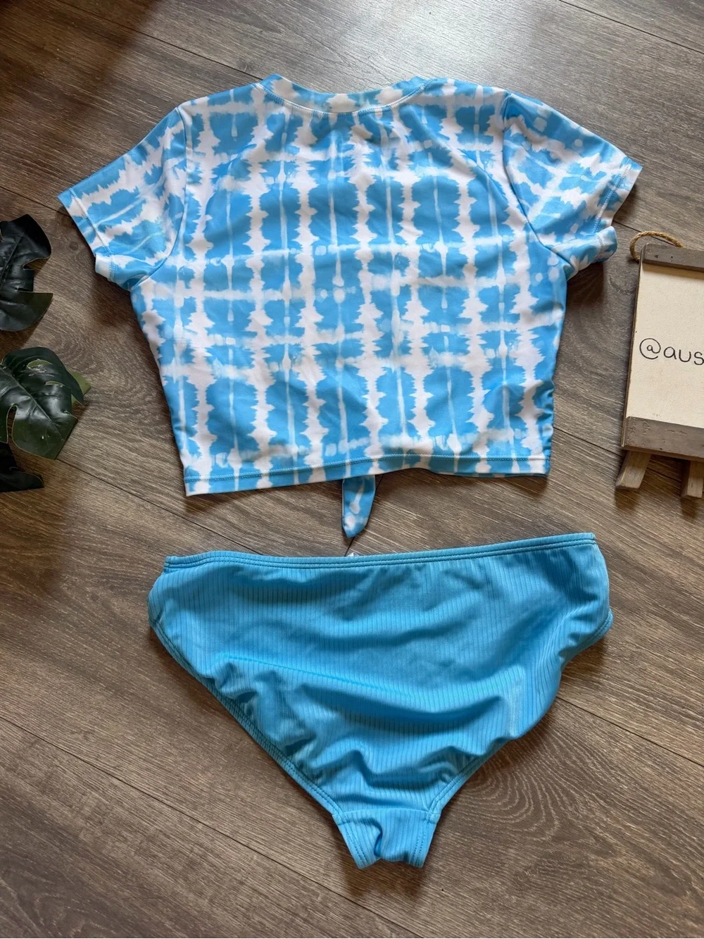 Wonder Nation Blue Tie Front Tie-Dye Crop Swim Top & Solid Bottom Size L 10-12